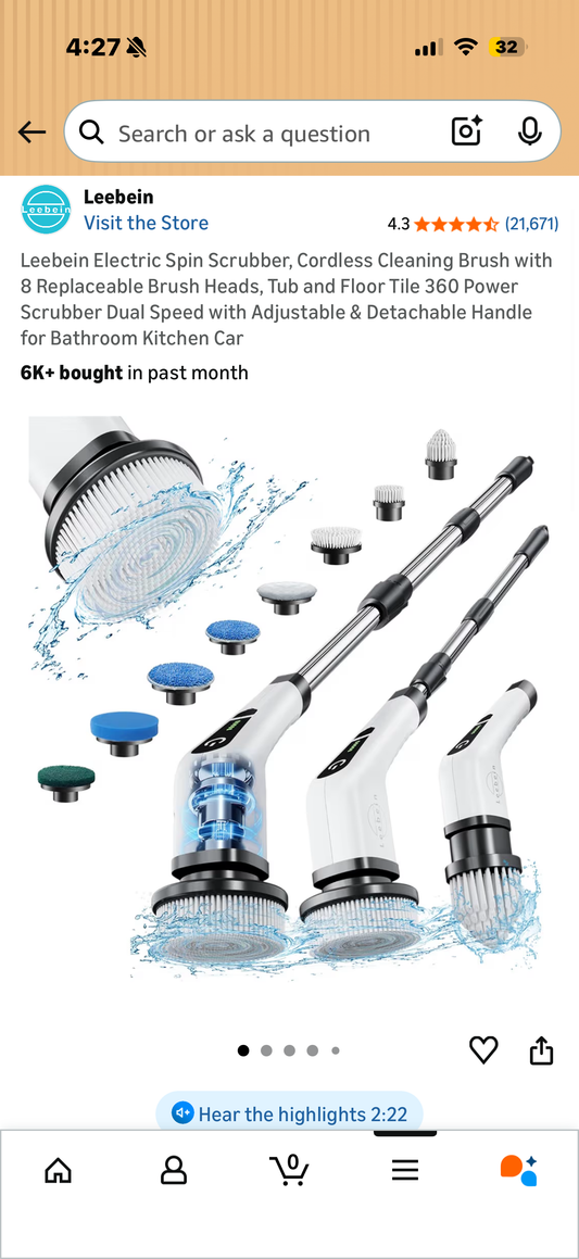 Leebein Electric Spin Scrubber, Cordless Cleaning Brush with 8 Replaceable Brush Heads, Tub and Floor Tile 360 Power Scrubber Dual Speed with Adjustable & Detachable Handle for Bathroom Kitchen Car