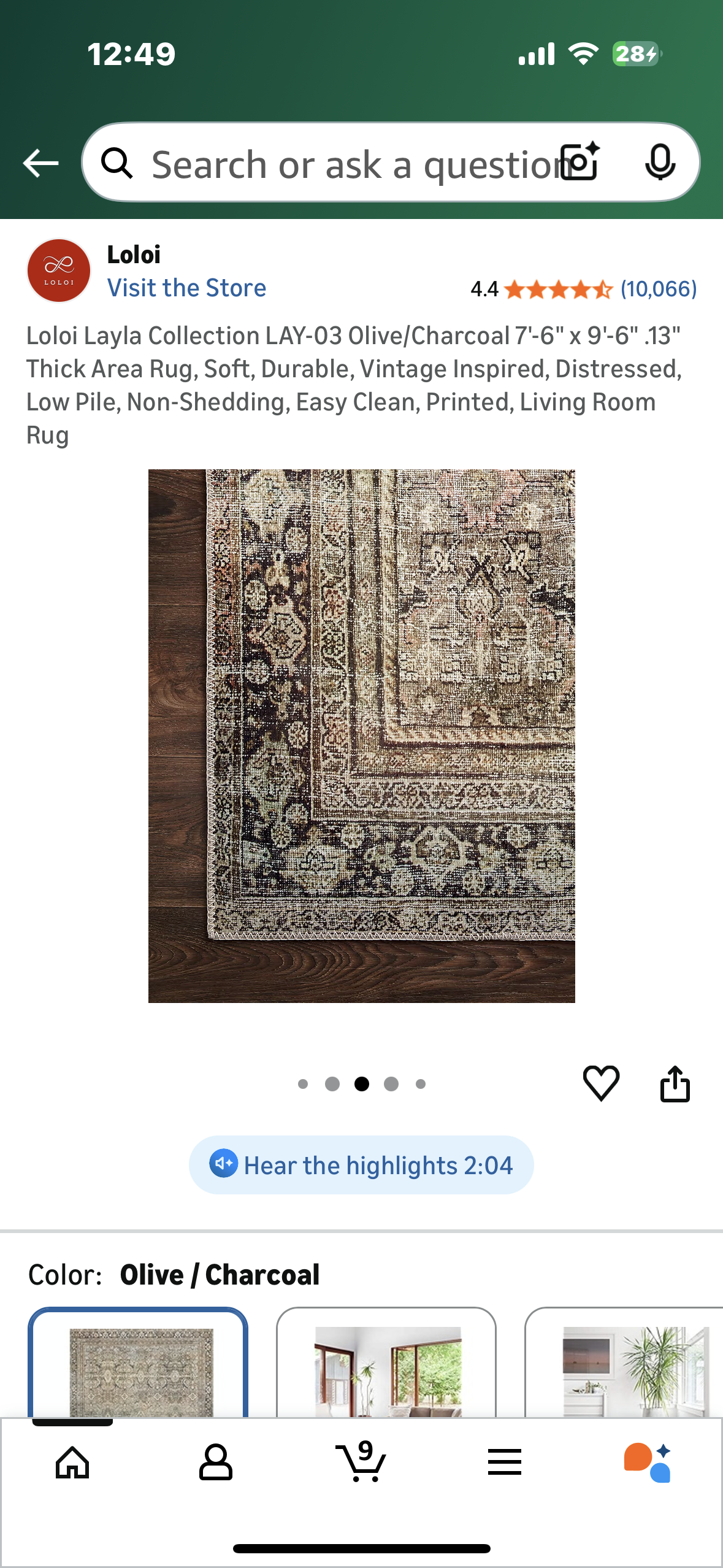 Loloi Layla Collection LAY-03 Olive/Charcoal 7'-6" x 9'-6" .13" Thick Area Rug, Soft, Durable, Vintage Inspired, Distressed, Low Pile, Non-Shedding, Easy Clean, Printed, Living Room Rug (L1106)