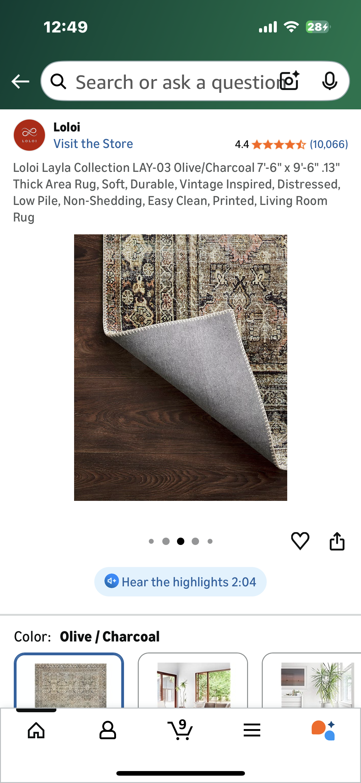 Loloi Layla Collection LAY-03 Olive/Charcoal 7'-6" x 9'-6" .13" Thick Area Rug, Soft, Durable, Vintage Inspired, Distressed, Low Pile, Non-Shedding, Easy Clean, Printed, Living Room Rug (L1106)