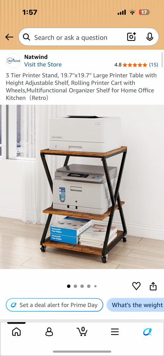 3 Tier Printer Stand, 19.7''x19.7'' Large Printer Table with Height Adjustable Shelf, Rolling Printer Cart with Wheels, Multifunctional Organizer