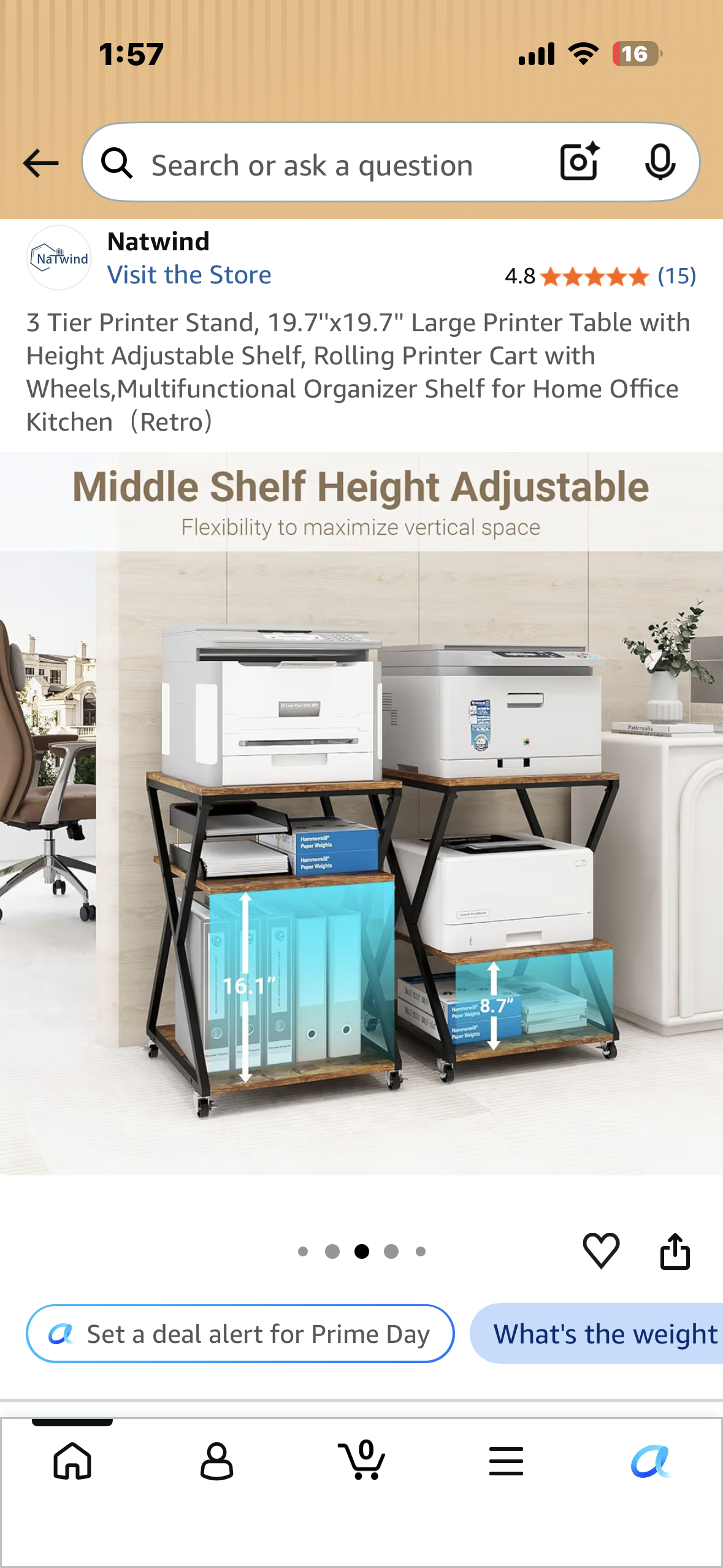 3 Tier Printer Stand, 19.7''x19.7'' Large Printer Table with Height Adjustable Shelf, Rolling Printer Cart with Wheels, Multifunctional Organizer