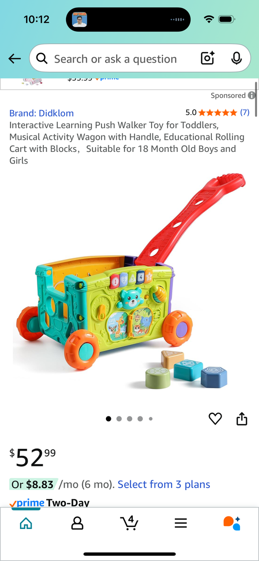 Interactive Learning Push Walker Toy for Toddlers, Musical Activity Wagon with Handle, Educational Rolling Cart with Blocks，Suitable for 18 Month Old Boys and Girls