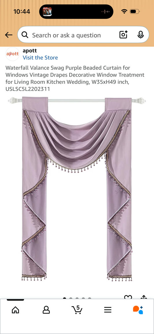 Waterfall Valance Swag Purple Beaded Curtain for Windows Vintage Drapes Decorative Window Treatment for Living Room Kitchen Wedding, W35xH49 inch