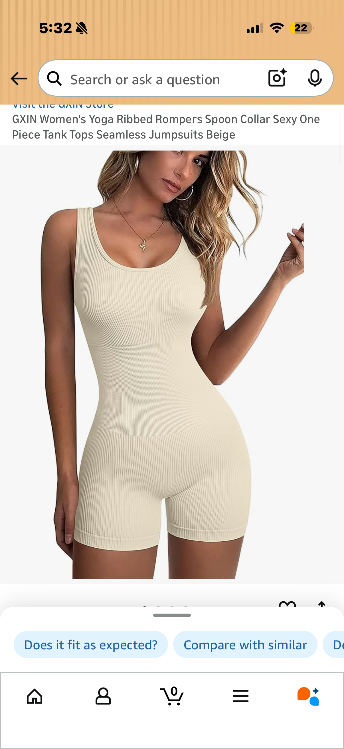 Women's Yoga Ribbed Rompers Spoon Collar Sexy One Piece Tank Tops Seamless Jumpsuits Beige (Size Small and Medium)