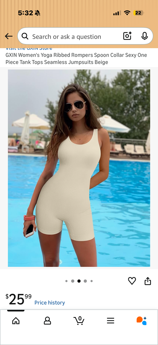 Women's Yoga Ribbed Rompers Spoon Collar Sexy One Piece Tank Tops Seamless Jumpsuits Beige (Size Small and Medium)