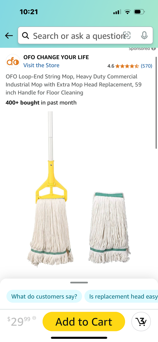 OFO Loop-End String Mop, Heavy Duty Commercial Industrial Mop with Extra Mop Head Replacement, 59 inch Handle for Floor Cleaning