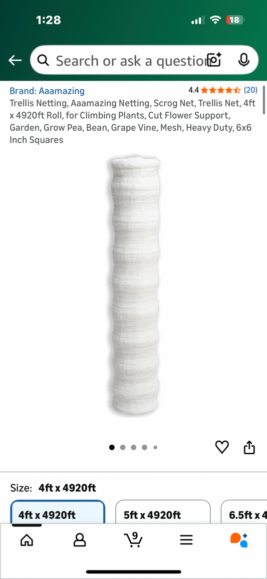 Trellis Netting, Aaamazing Netting, 4ft x 4920ft Roll, for Climbing Plants, Cut Flower Support, Garden, Pea, Bean, Grape Vine, Mesh, Heavy Duty, 6x6 Inch Squares (G916)