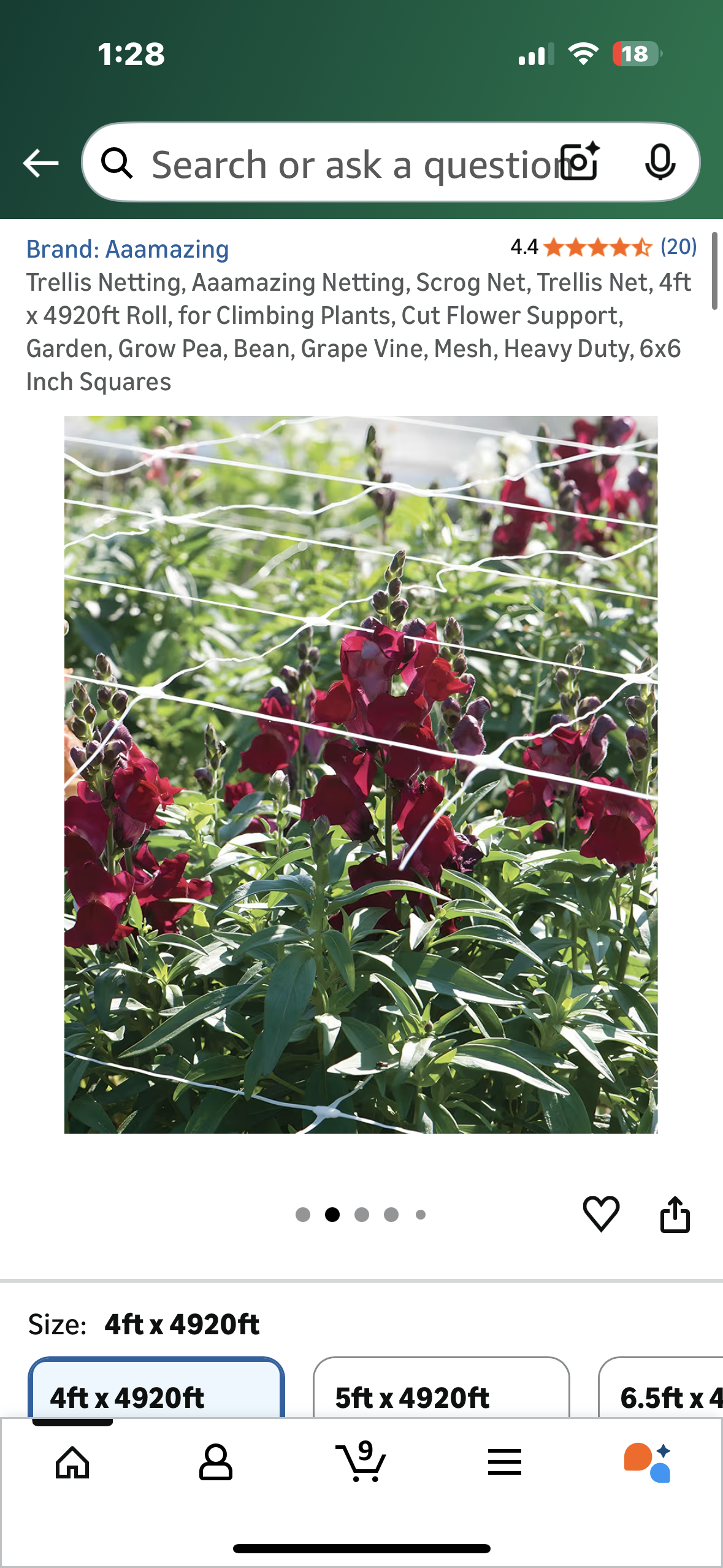 Trellis Netting, Aaamazing Netting, 4ft x 4920ft Roll, for Climbing Plants, Cut Flower Support, Garden, Pea, Bean, Grape Vine, Mesh, Heavy Duty, 6x6 Inch Squares (G916)