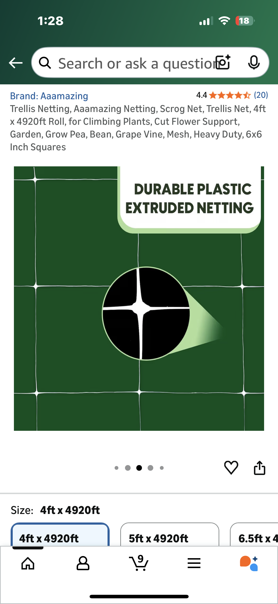 Trellis Netting, Aaamazing Netting, 4ft x 4920ft Roll, for Climbing Plants, Cut Flower Support, Garden, Pea, Bean, Grape Vine, Mesh, Heavy Duty, 6x6 Inch Squares (G916)