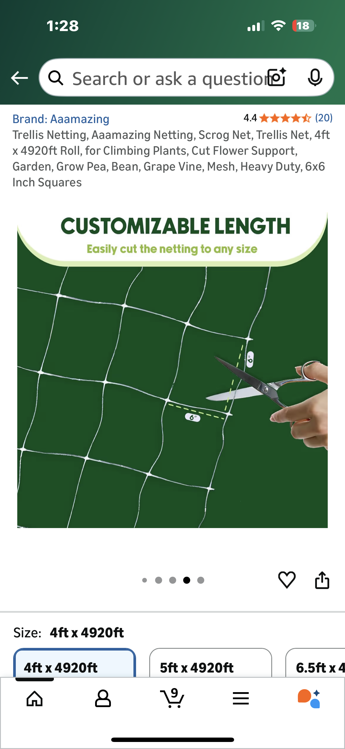 Trellis Netting, Aaamazing Netting, 4ft x 4920ft Roll, for Climbing Plants, Cut Flower Support, Garden, Pea, Bean, Grape Vine, Mesh, Heavy Duty, 6x6 Inch Squares (G916)