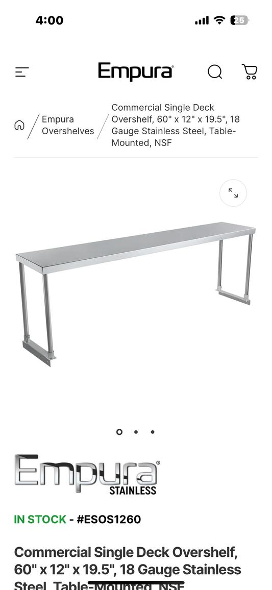 New - Empura Stainless ESOS1260 Overshelf Table-mounted 60"W X 12"D X 19.5"H (R553)