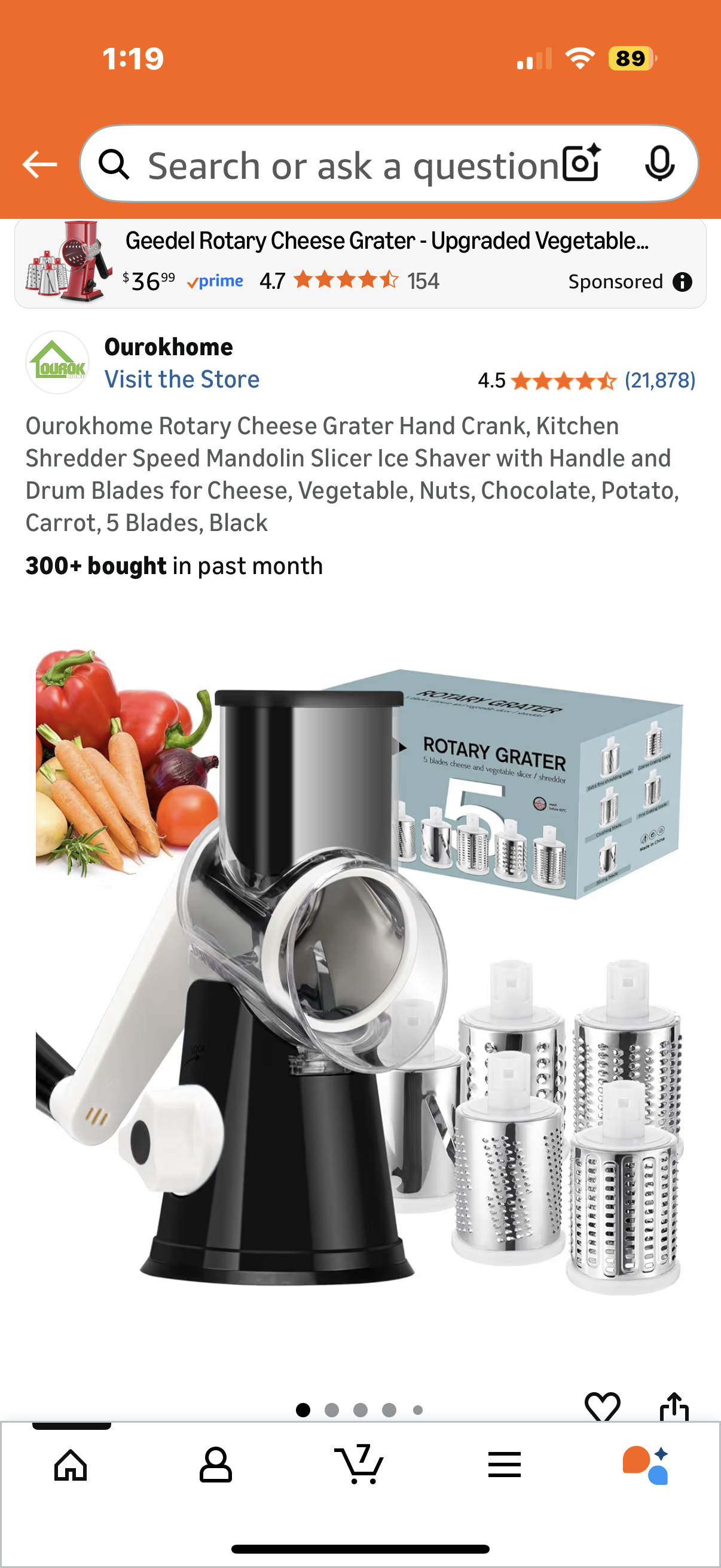 Ourokhome Rotary Cheese Grater Hand Crank, Kitchen Shredder Speed Mandolin Slicer Ice Shaver with Handle and Drum Blades for Cheese, Vegetable, Nuts, Chocolate, Potato, Carrot, 5 Blades, Black