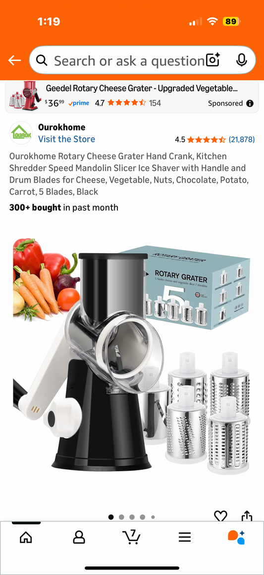 Ourokhome Rotary Cheese Grater Hand Crank, Kitchen Shredder Speed Mandolin Slicer Ice Shaver with Handle and Drum Blades for Cheese, Vegetable, Nuts, Chocolate, Potato, Carrot, 5 Blades, Black