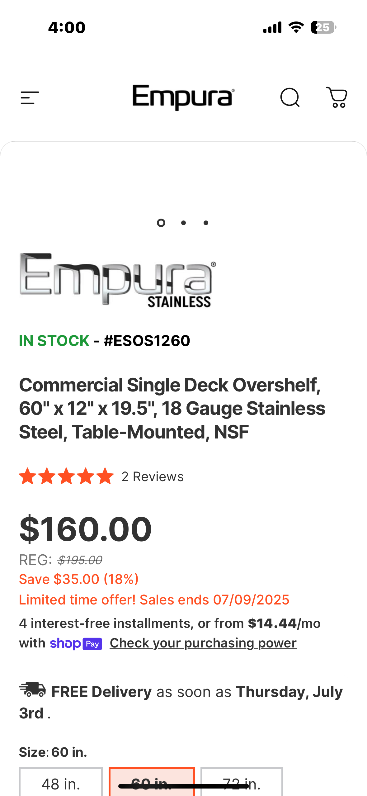New - Empura Stainless ESOS1260 Overshelf Table-mounted 60"W X 12"D X 19.5"H (R553)