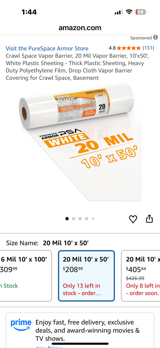 Crawl Space Vapor Barrier, 20 Mil Vapor Barrier, 10'x50', White Plastic Sheeting - Thick Plastic Sheeting, Heavy Duty Polyethylene Film, Drop Cloth Vapor Barrier Covering for Crawl Space, Basement (G917)