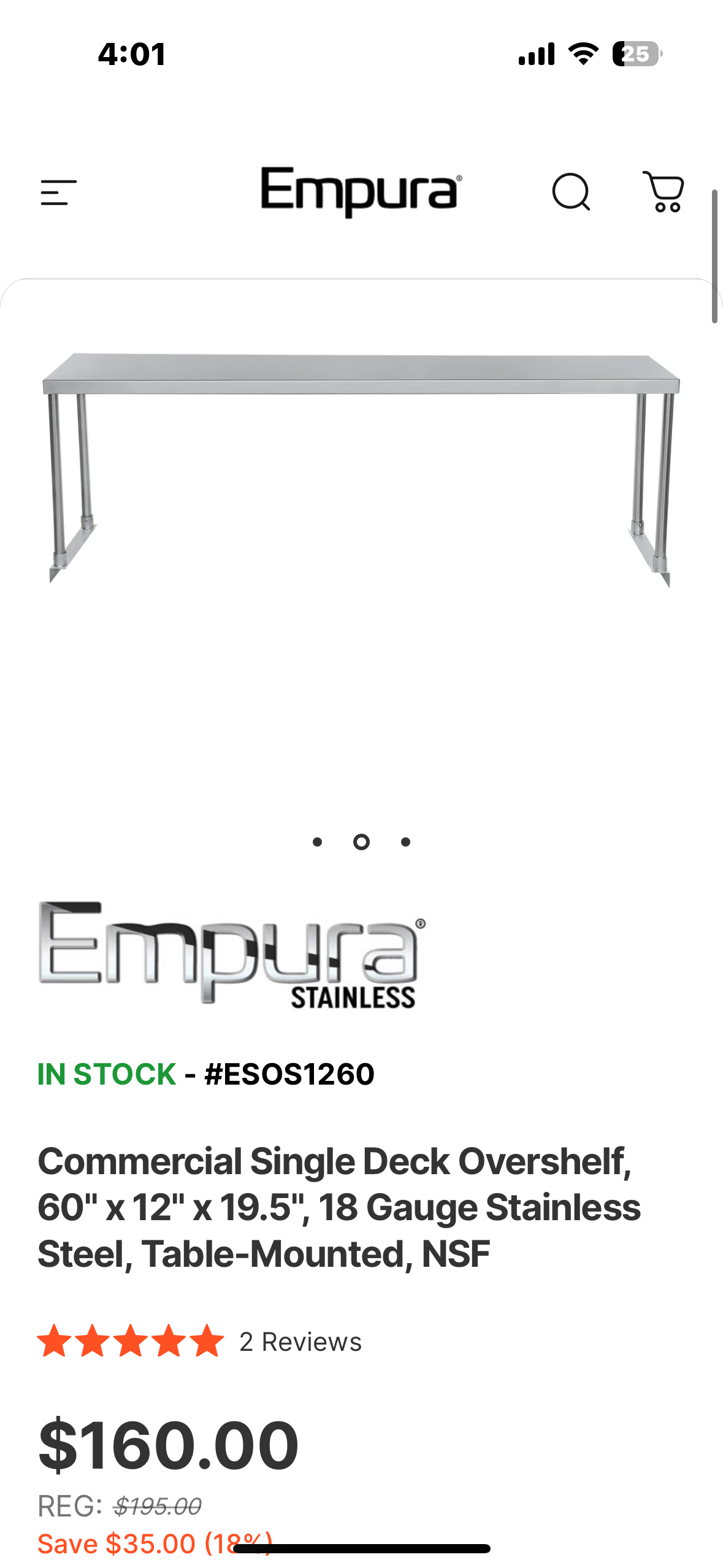 New - Empura Stainless ESOS1260 Overshelf Table-mounted 60"W X 12"D X 19.5"H (R553)