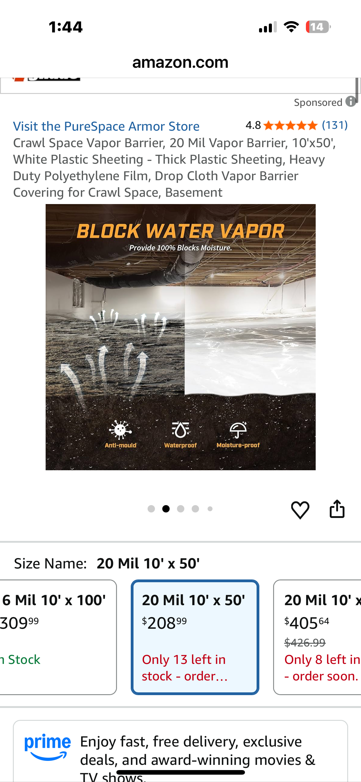 Crawl Space Vapor Barrier, 20 Mil Vapor Barrier, 10'x50', White Plastic Sheeting - Thick Plastic Sheeting, Heavy Duty Polyethylene Film, Drop Cloth Vapor Barrier Covering for Crawl Space, Basement (G917)