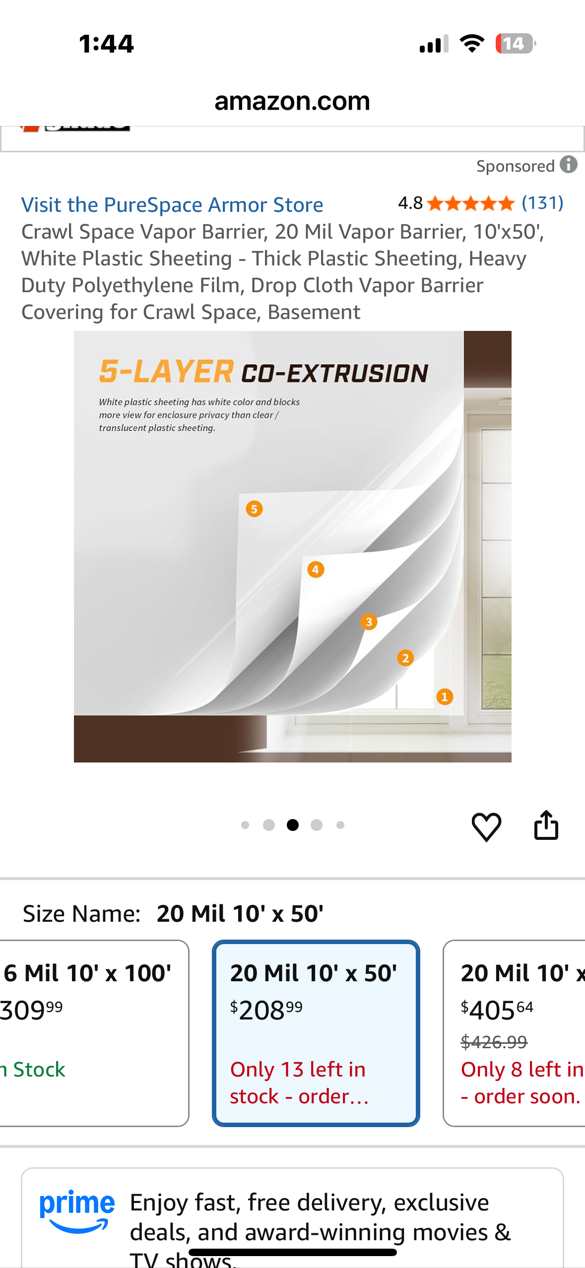 Crawl Space Vapor Barrier, 20 Mil Vapor Barrier, 10'x50', White Plastic Sheeting - Thick Plastic Sheeting, Heavy Duty Polyethylene Film, Drop Cloth Vapor Barrier Covering for Crawl Space, Basement (G917)