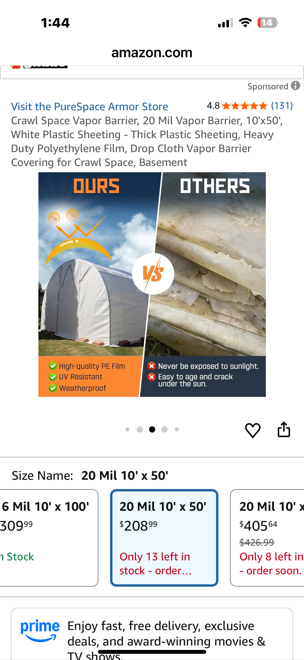 Crawl Space Vapor Barrier, 20 Mil Vapor Barrier, 10'x50', White Plastic Sheeting - Thick Plastic Sheeting, Heavy Duty Polyethylene Film, Drop Cloth Vapor Barrier Covering for Crawl Space, Basement (G917)