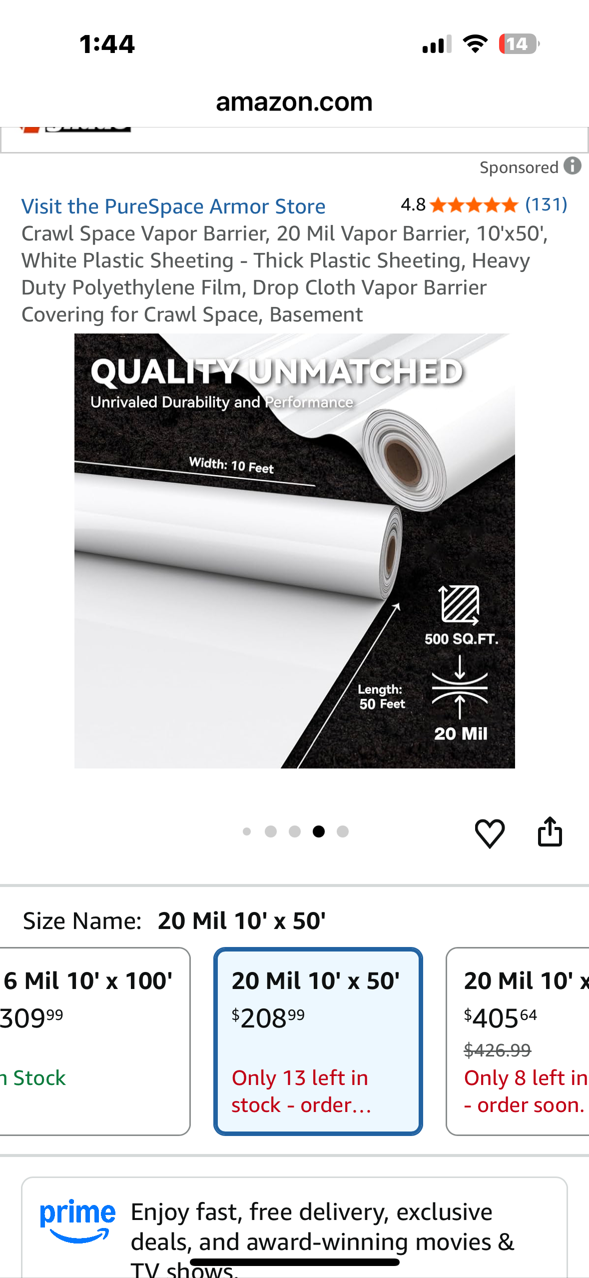 Crawl Space Vapor Barrier, 20 Mil Vapor Barrier, 10'x50', White Plastic Sheeting - Thick Plastic Sheeting, Heavy Duty Polyethylene Film, Drop Cloth Vapor Barrier Covering for Crawl Space, Basement (G917)