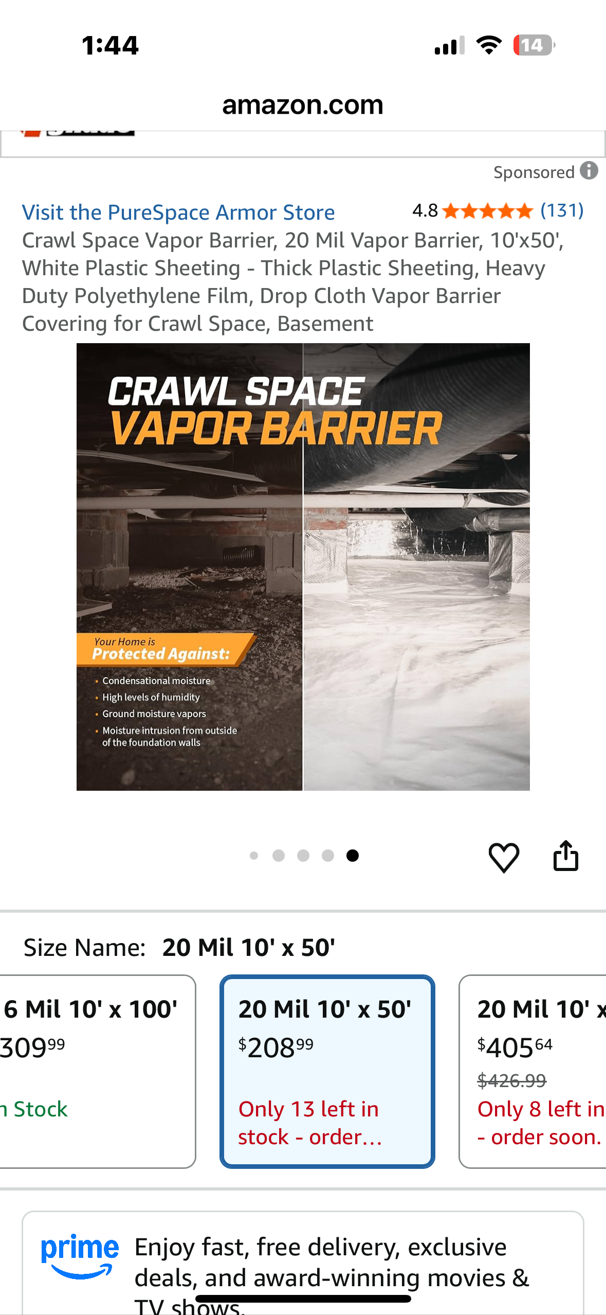 Crawl Space Vapor Barrier, 20 Mil Vapor Barrier, 10'x50', White Plastic Sheeting - Thick Plastic Sheeting, Heavy Duty Polyethylene Film, Drop Cloth Vapor Barrier Covering for Crawl Space, Basement (G917)
