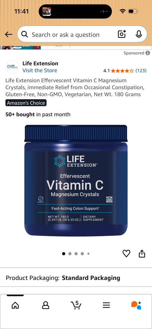 Life Extension Effervescent Vitamin C Magnesium Crystals, immediate Relief from Occasional Constipation, Gluten-Free, Non-GMO, Vegetarian, Net Wt. 180 Grams