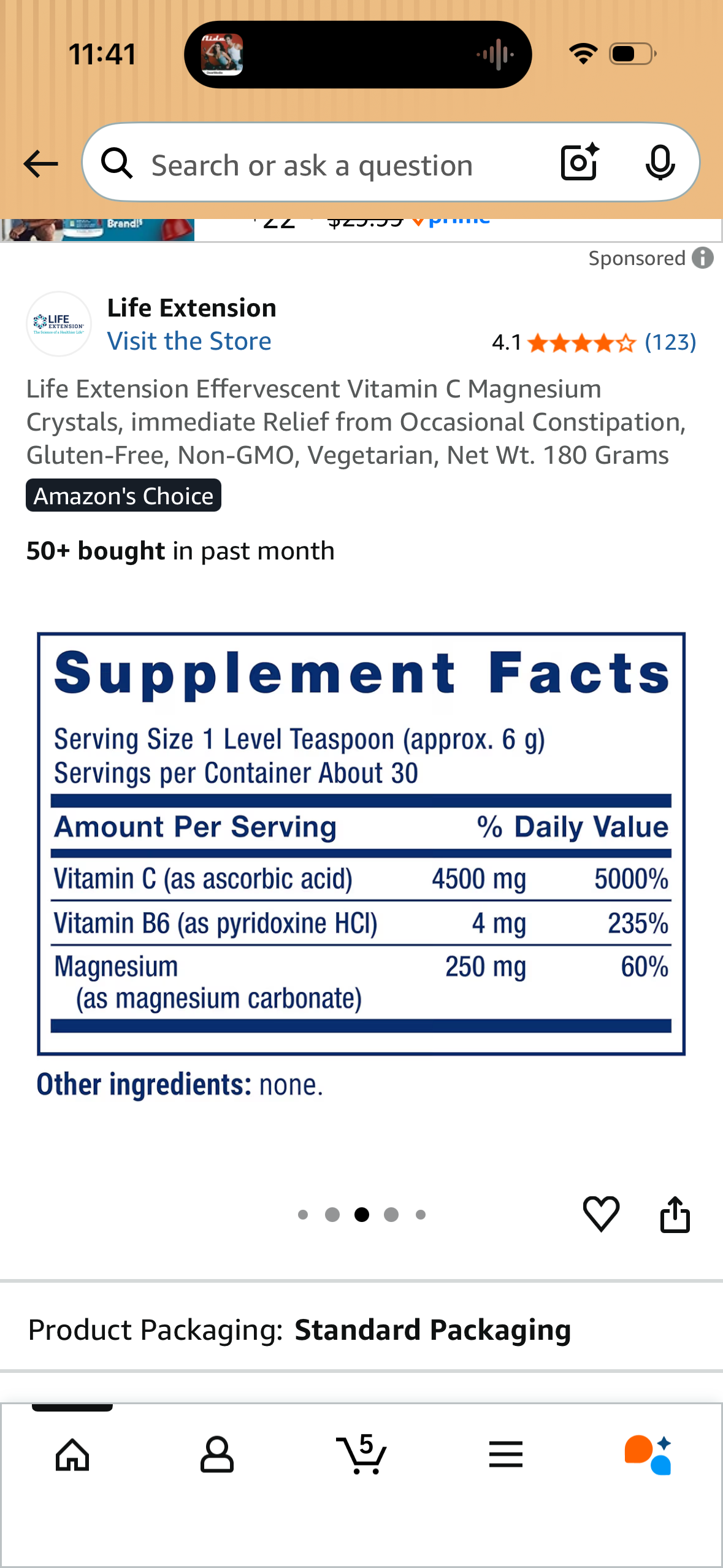 Life Extension Effervescent Vitamin C Magnesium Crystals, immediate Relief from Occasional Constipation, Gluten-Free, Non-GMO, Vegetarian, Net Wt. 180 Grams