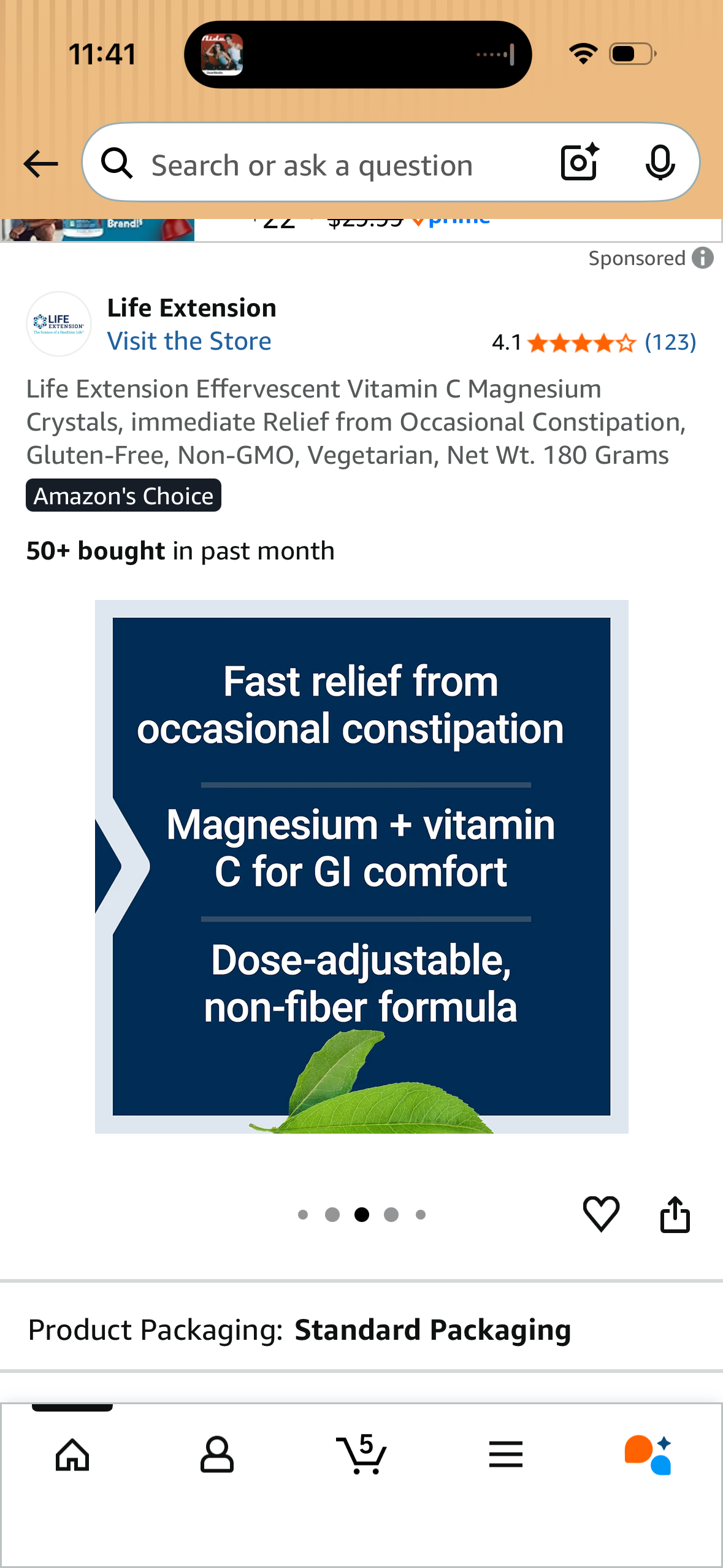 Life Extension Effervescent Vitamin C Magnesium Crystals, immediate Relief from Occasional Constipation, Gluten-Free, Non-GMO, Vegetarian, Net Wt. 180 Grams