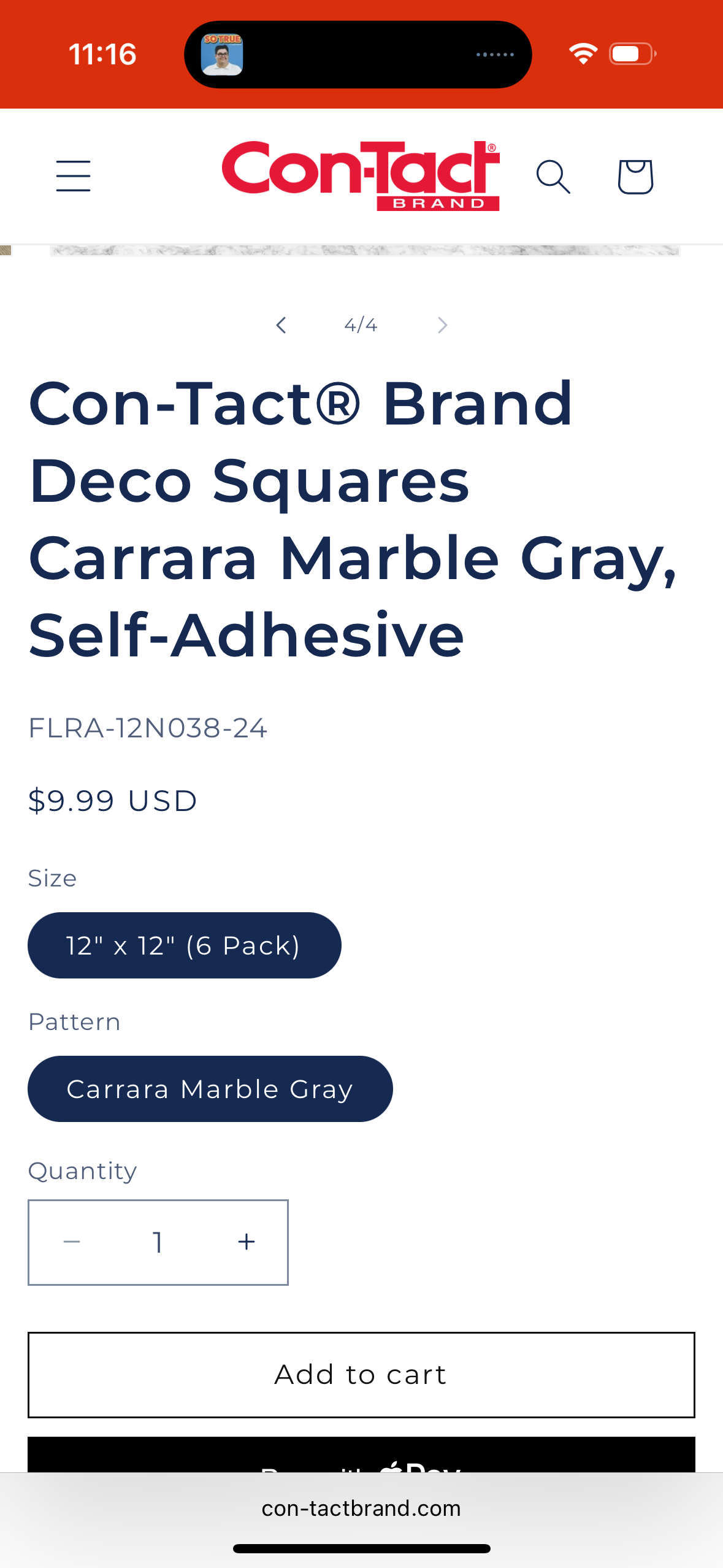 Con-Tact® Brand Deco Squares Carrara Marble Gray, Self-Adhesive