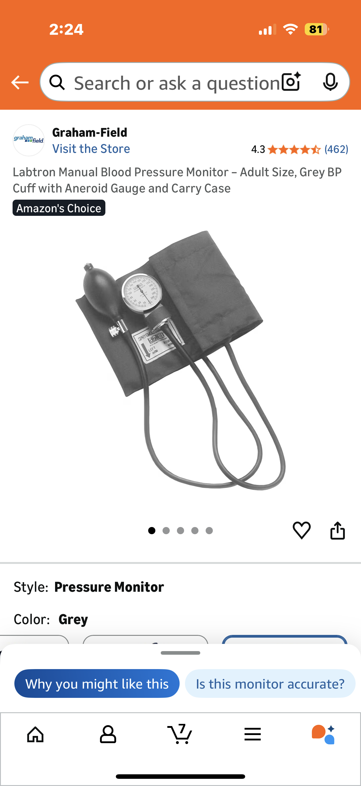 Labtron Manual Blood Pressure Monitor – Adult Size, Grey BP Cuff with Aneroid Gauge and Carry Case