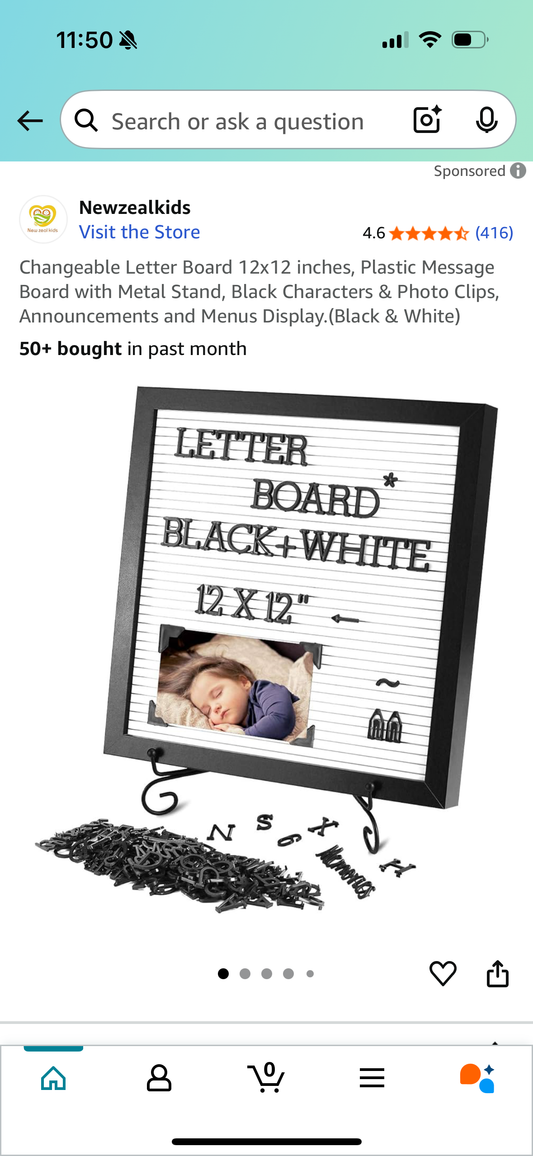 Changeable Letter Board 12x12 inches, Plastic Message Board with Metal Stand, Black Characters & Photo Clips, Announcements and Menus Display.(Black & White)