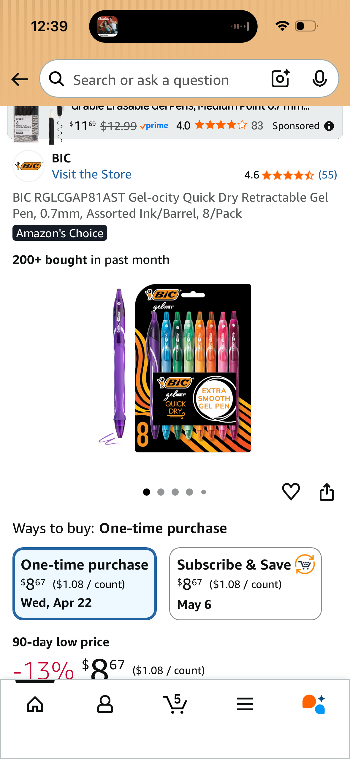 BIC Gel-ocity Quick Dry Retractable Gel Pen, 0.7mm, Assorted Ink/Barrel, 8/Pack