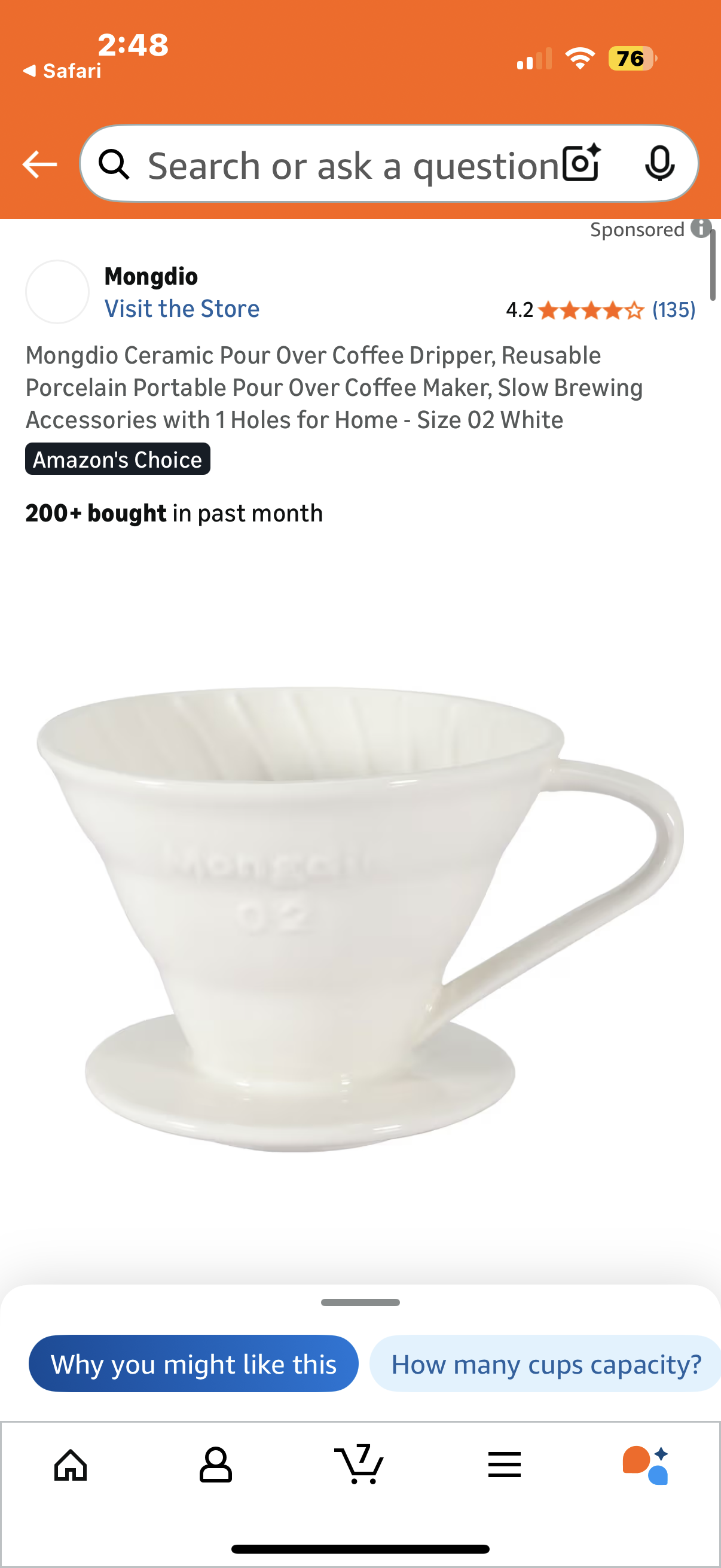 Mongdio Ceramic Pour Over Coffee Dripper, Reusable Porcelain Portable Pour Over Coffee Maker, Slow Brewing Accessories with 1 Holes for Home - Size 02 White