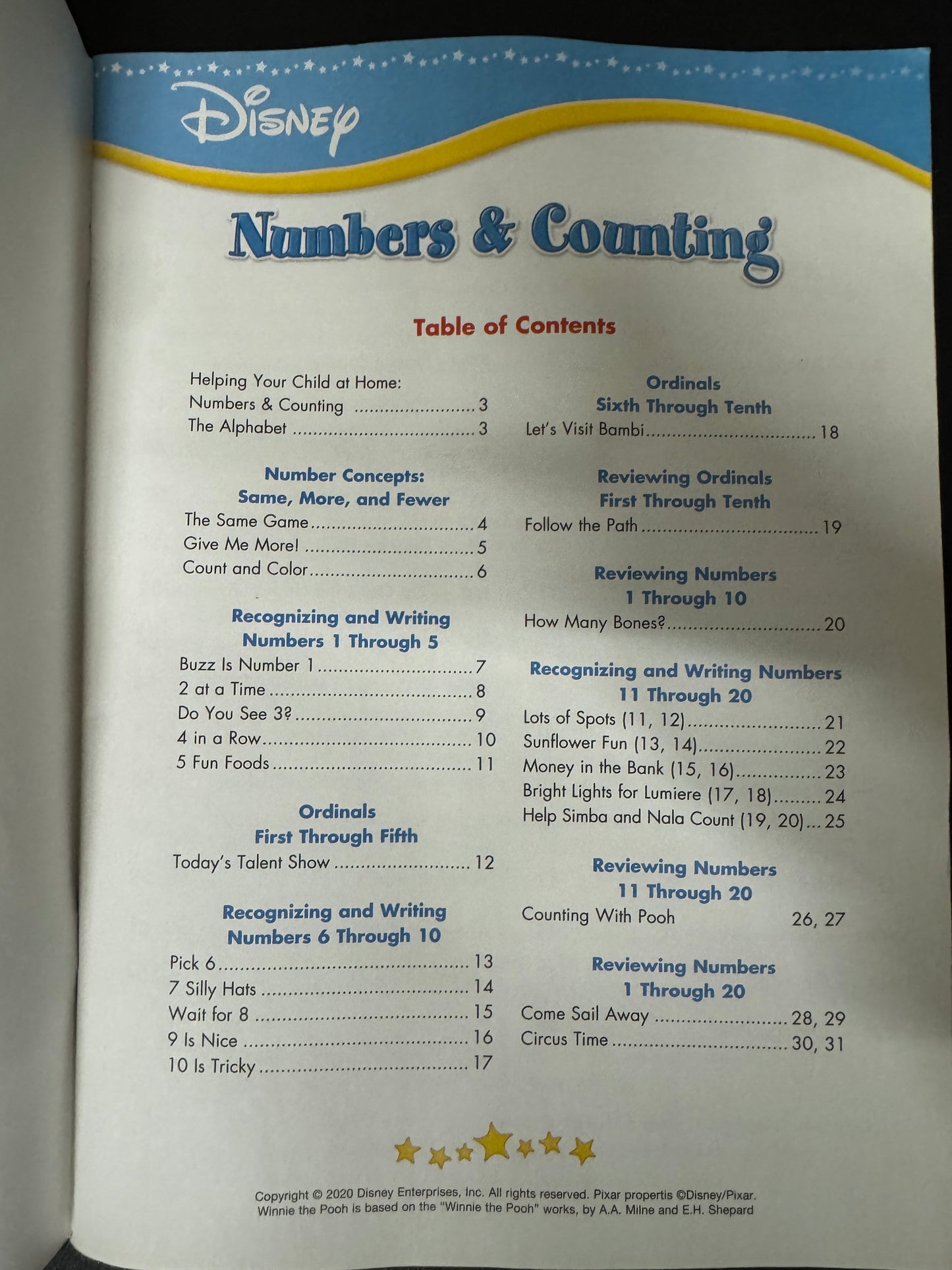 Disney Early Learning Skills Activity Book Alphabet & Numbers 1-20