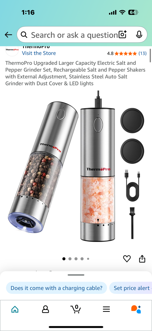 ThermoPro Upgraded Larger Capacity Electric Salt and Pepper Grinder Set, Rechargeable Salt and Pepper Shakers with External Adjustment, Stainless Steel Auto Salt Grinder with Dust Cover & LED lights