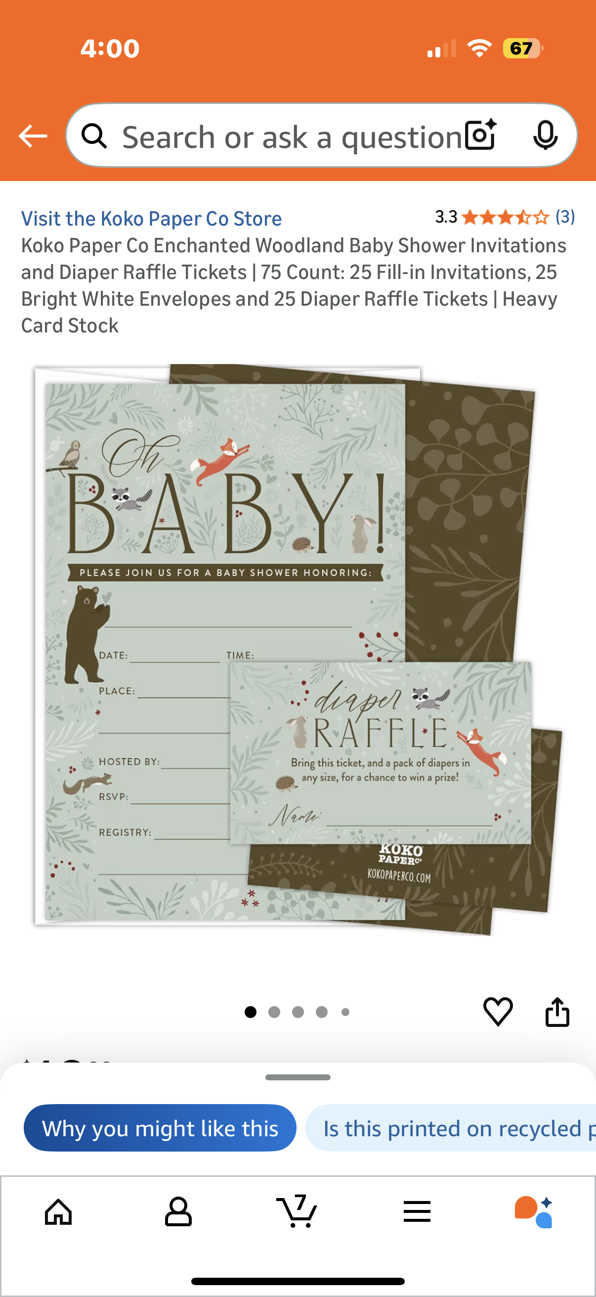Koko Paper Co Enchanted Woodland Baby Shower Invitations and Diaper Raffle Tickets | 75 Count: 25 Fill-in Invitations, 25 Bright White Envelopes and 25 Diaper Raffle Tickets | Heavy Card Stock
