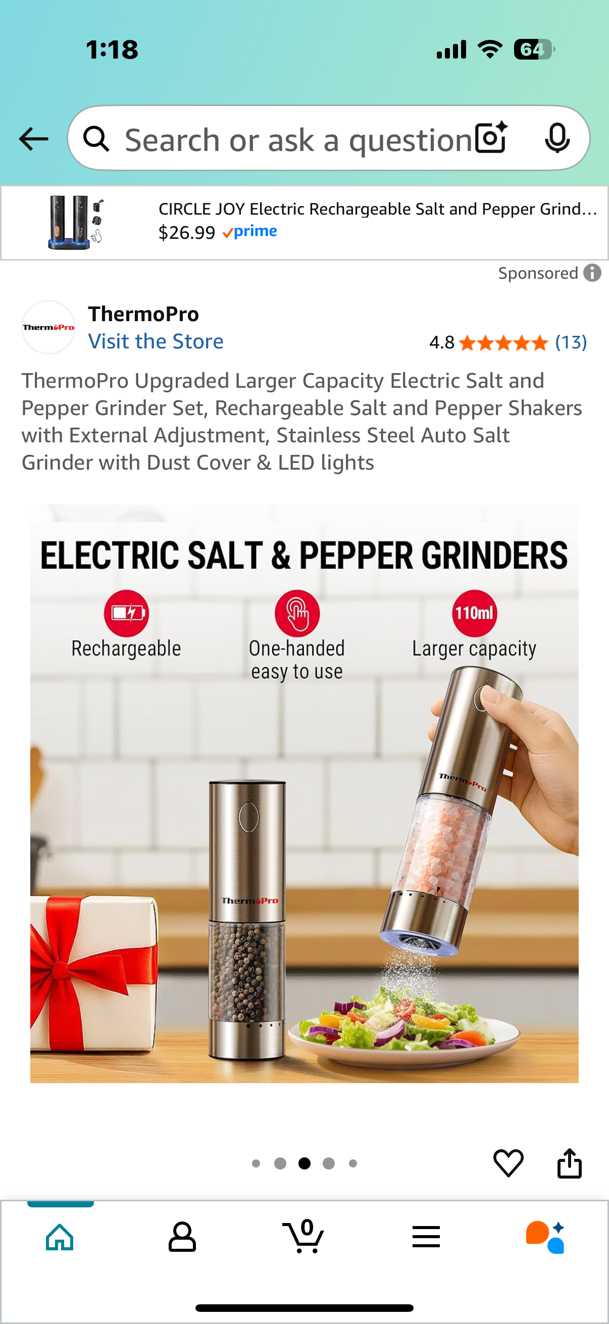 ThermoPro Upgraded Larger Capacity Electric Salt and Pepper Grinder Set, Rechargeable Salt and Pepper Shakers with External Adjustment, Stainless Steel Auto Salt Grinder with Dust Cover & LED lights