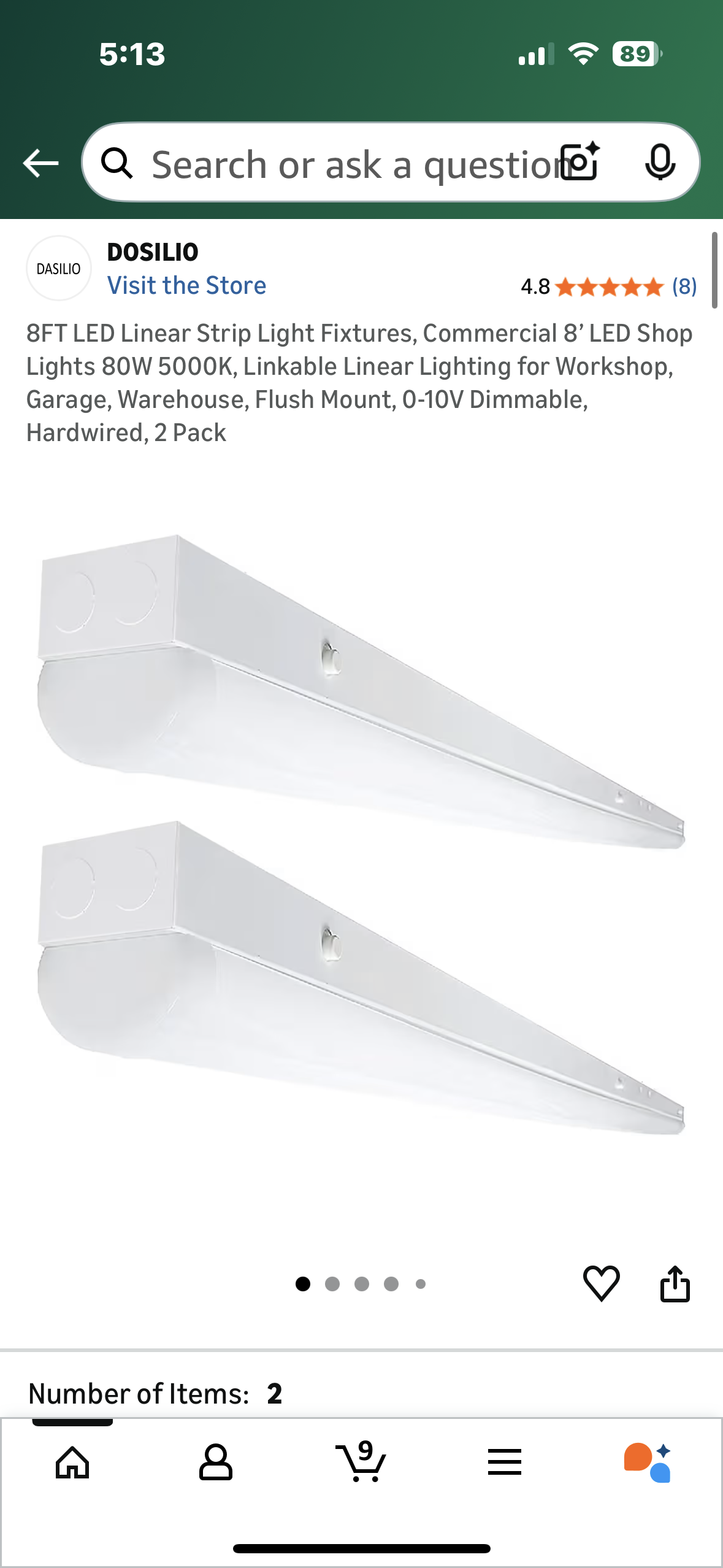 8FT LED Linear Strip Light Fixtures, Commercial 8’ LED Shop Lights 80W 5000K, Linkable Linear Lighting for Workshop, Garage, Warehouse, Flush Mount, 0-10V Dimmable, Hardwired, 2 Pack (G918)