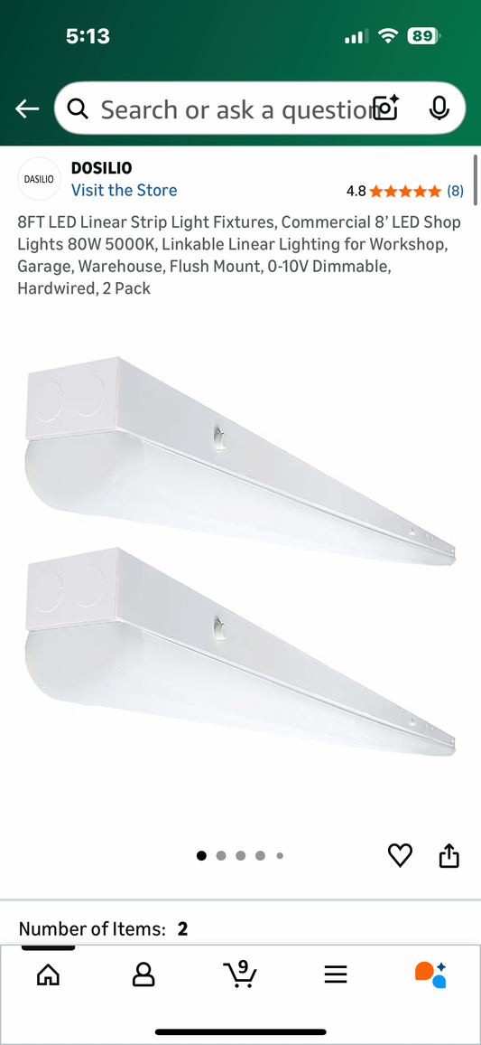 8FT LED Linear Strip Light Fixtures, Commercial 8’ LED Shop Lights 80W 5000K, Linkable Linear Lighting for Workshop, Garage, Warehouse, Flush Mount, 0-10V Dimmable, Hardwired, 2 Pack (G918)