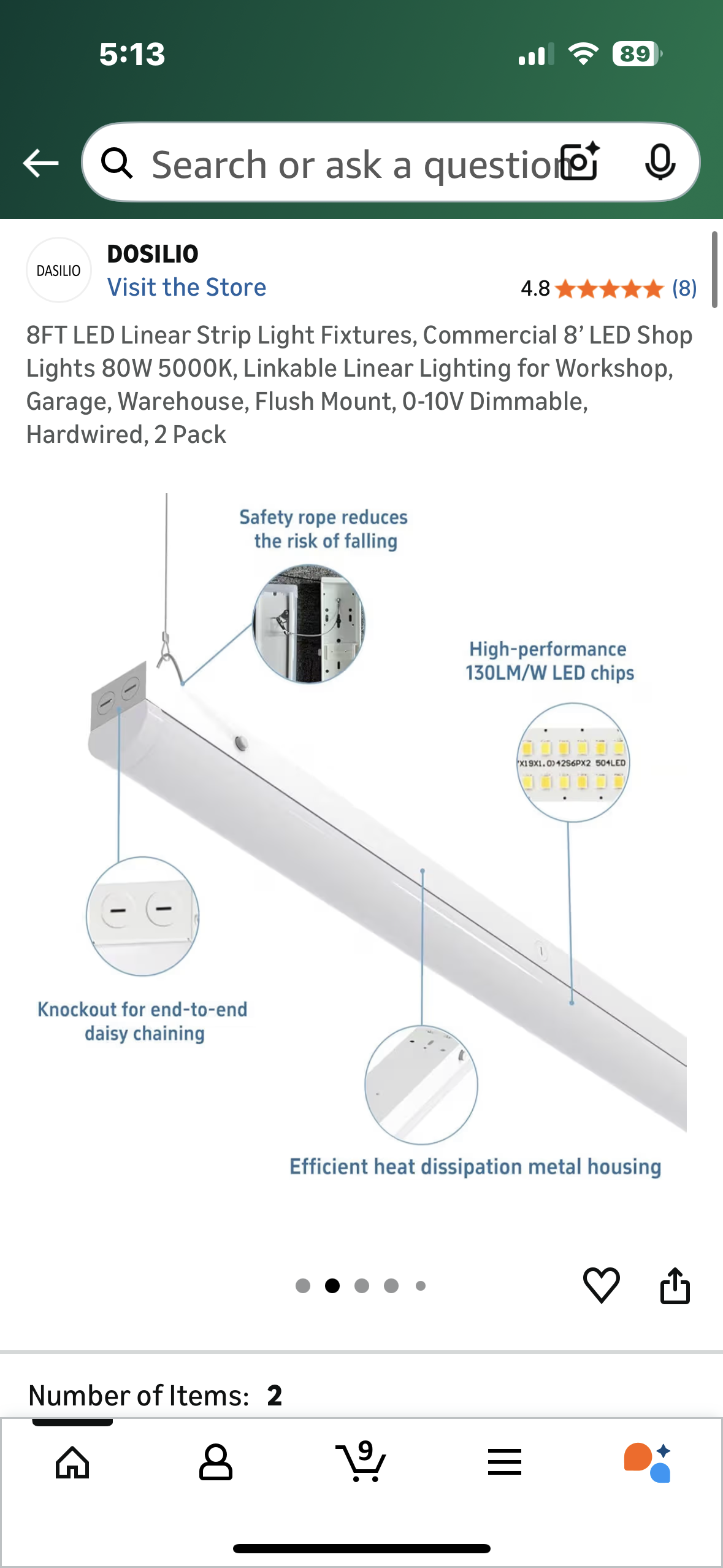 8FT LED Linear Strip Light Fixtures, Commercial 8’ LED Shop Lights 80W 5000K, Linkable Linear Lighting for Workshop, Garage, Warehouse, Flush Mount, 0-10V Dimmable, Hardwired, 2 Pack (G918)