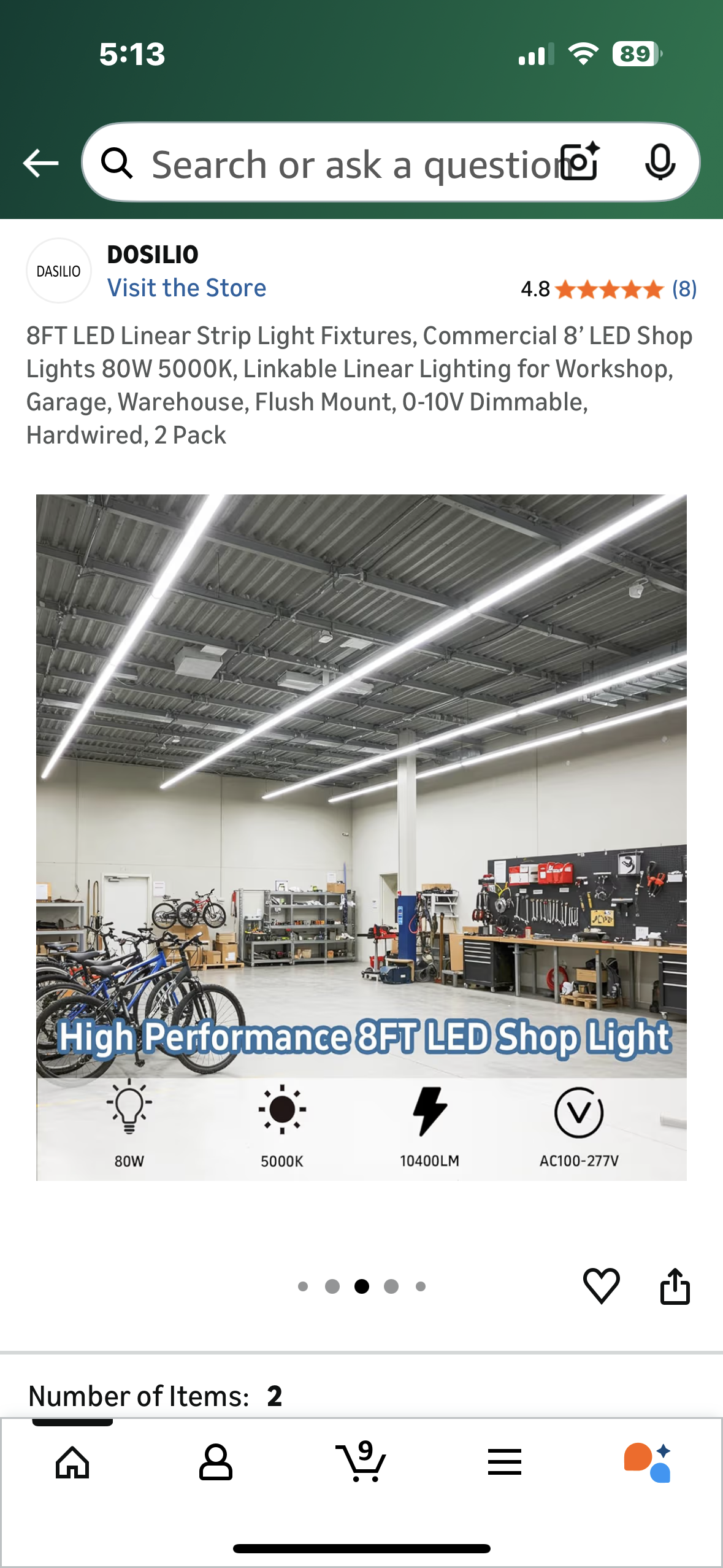 8FT LED Linear Strip Light Fixtures, Commercial 8’ LED Shop Lights 80W 5000K, Linkable Linear Lighting for Workshop, Garage, Warehouse, Flush Mount, 0-10V Dimmable, Hardwired, 2 Pack (G918)