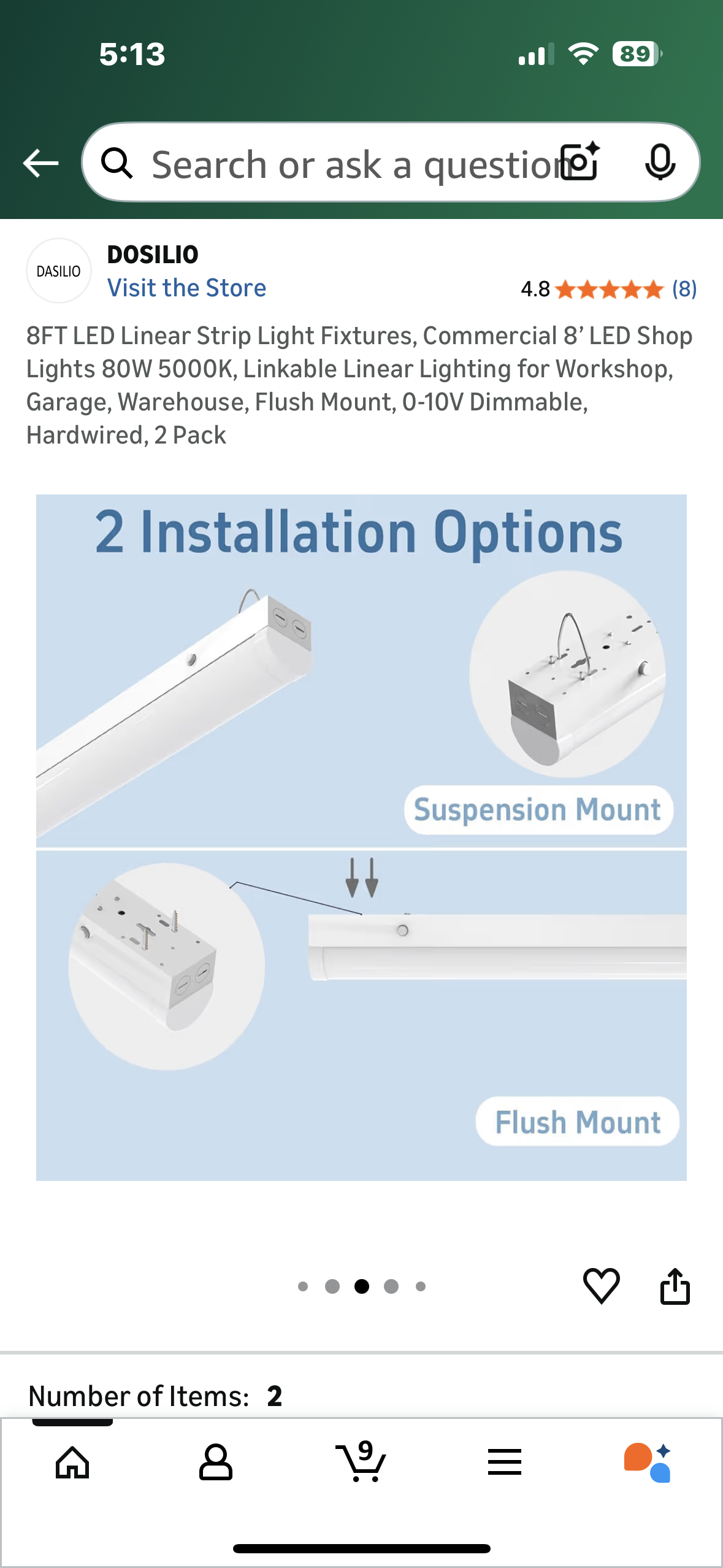 8FT LED Linear Strip Light Fixtures, Commercial 8’ LED Shop Lights 80W 5000K, Linkable Linear Lighting for Workshop, Garage, Warehouse, Flush Mount, 0-10V Dimmable, Hardwired, 2 Pack (G918)