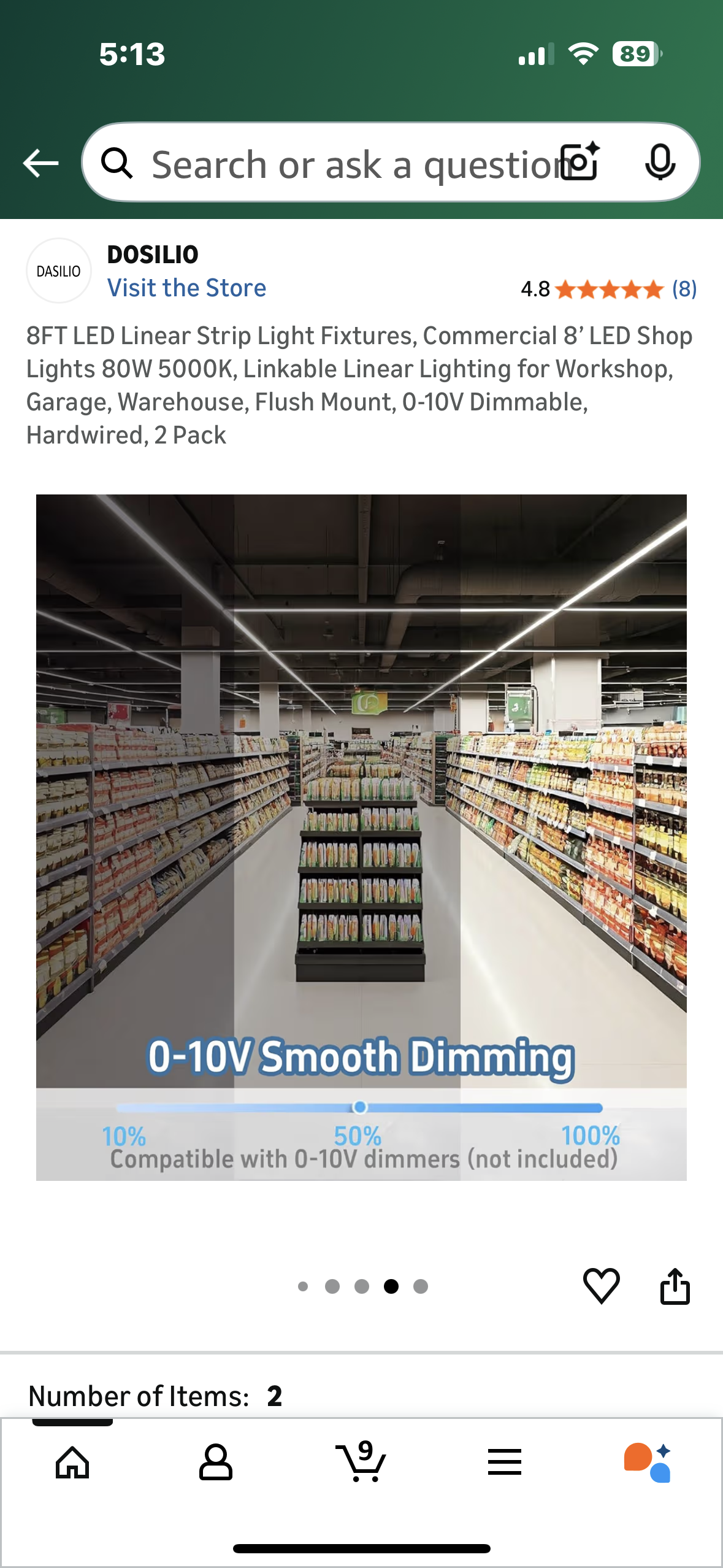 8FT LED Linear Strip Light Fixtures, Commercial 8’ LED Shop Lights 80W 5000K, Linkable Linear Lighting for Workshop, Garage, Warehouse, Flush Mount, 0-10V Dimmable, Hardwired, 2 Pack (G918)