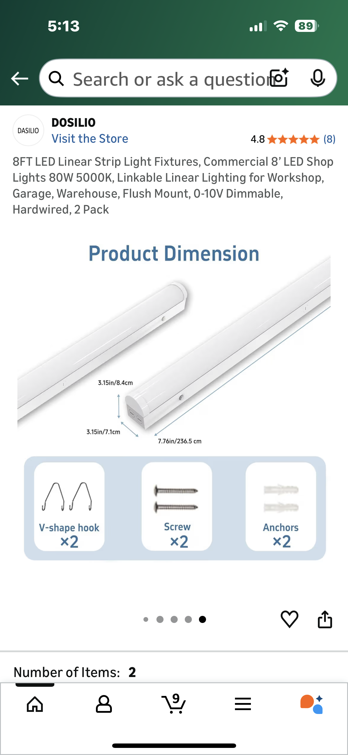 8FT LED Linear Strip Light Fixtures, Commercial 8’ LED Shop Lights 80W 5000K, Linkable Linear Lighting for Workshop, Garage, Warehouse, Flush Mount, 0-10V Dimmable, Hardwired, 2 Pack (G918)