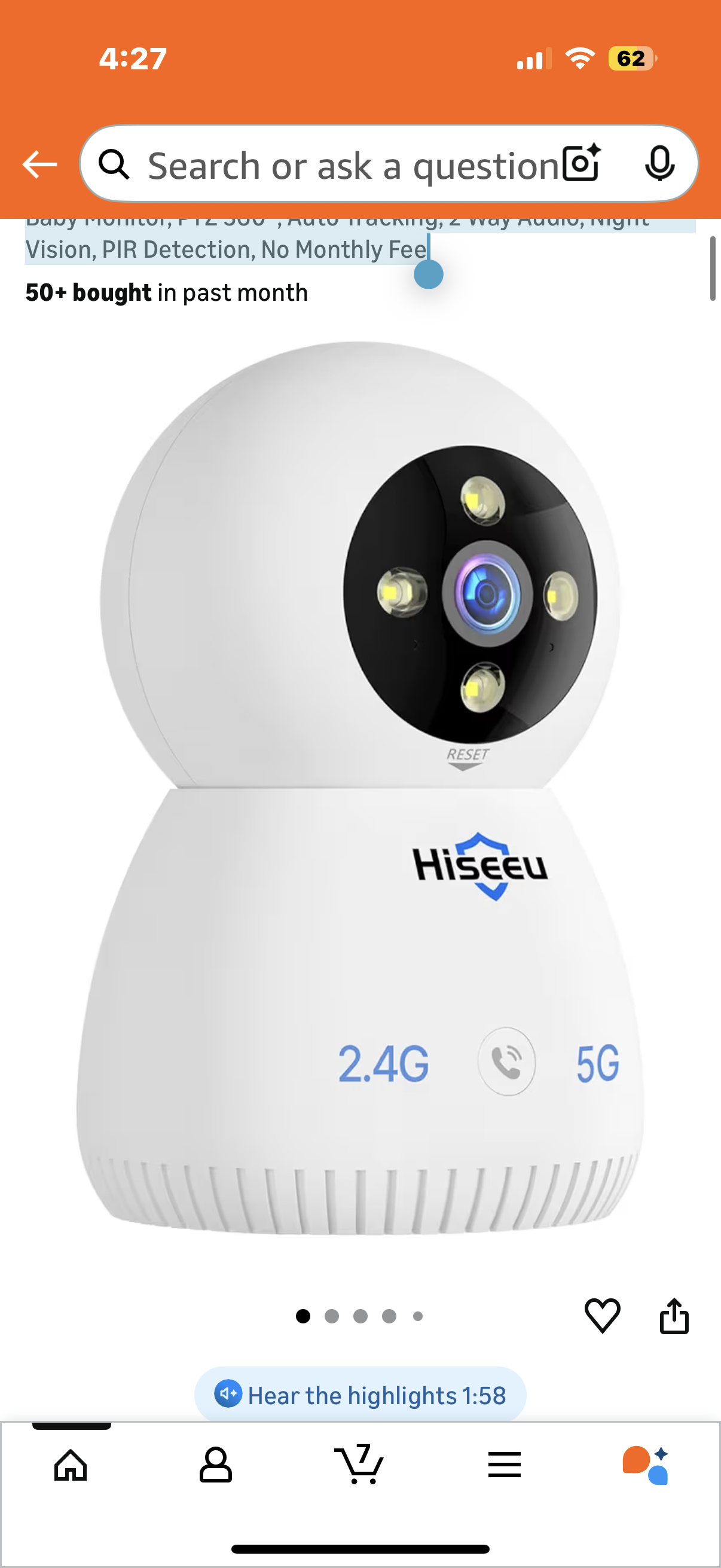 Indoor Security Camera, 2.4G/5G 5MP Pet Camera Baby Monitor, PTZ 360°, Auto Tracking, 2 Way Audio, Night Vision, PIR Detection, No Monthly Fee