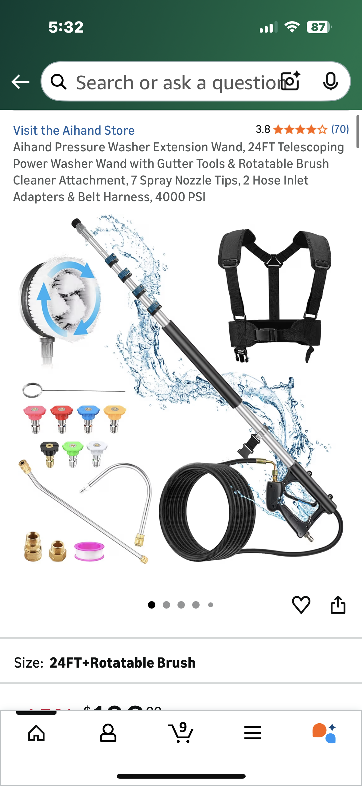 Aihand Pressure Washer Extension Wand, 24FT Telescoping Power Washer Wand with Gutter Tools & Rotatable Brush Cleaner Attachment, 7 Spray Nozzle Tips, 2 Hose Inlet Adapters & Belt Harness, 4000 PSI (G919)