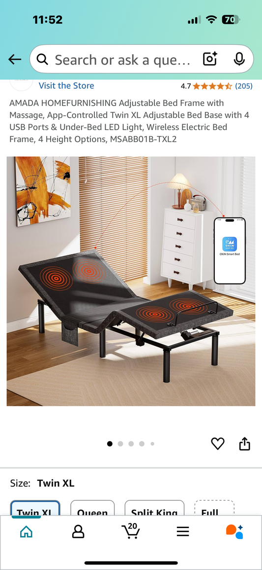 New - AMADA Adjustable Twin XL Bed Frame with Massage, 4 USB Ports & Under-Bed LED Light, MSABBO1B-TXL2 (B930)