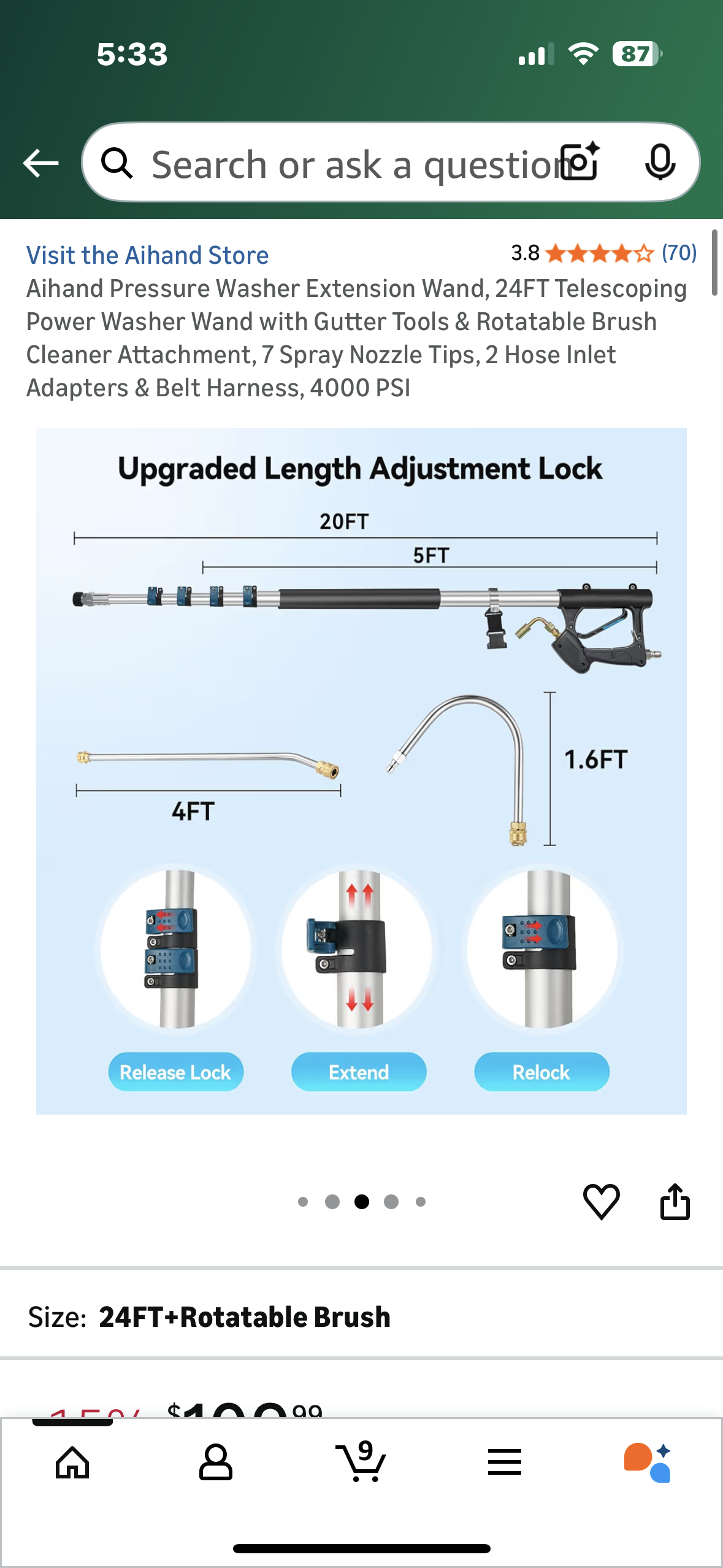Aihand Pressure Washer Extension Wand, 24FT Telescoping Power Washer Wand with Gutter Tools & Rotatable Brush Cleaner Attachment, 7 Spray Nozzle Tips, 2 Hose Inlet Adapters & Belt Harness, 4000 PSI (G919)