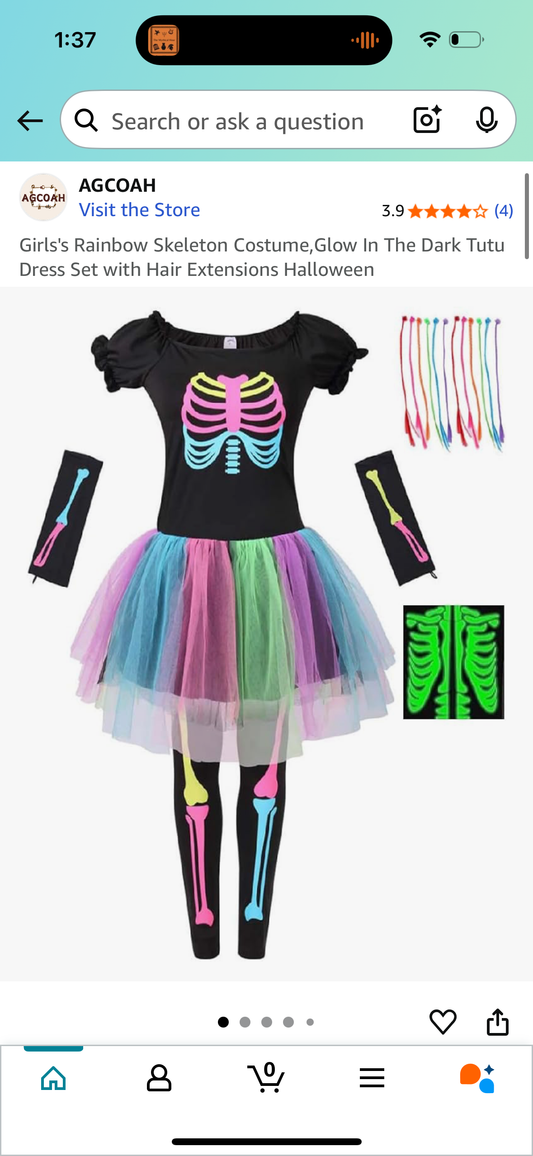 Girls's Rainbow Skeleton Costume, Glow In The Dark Tutu with Hair Extensions (Size X-Large)