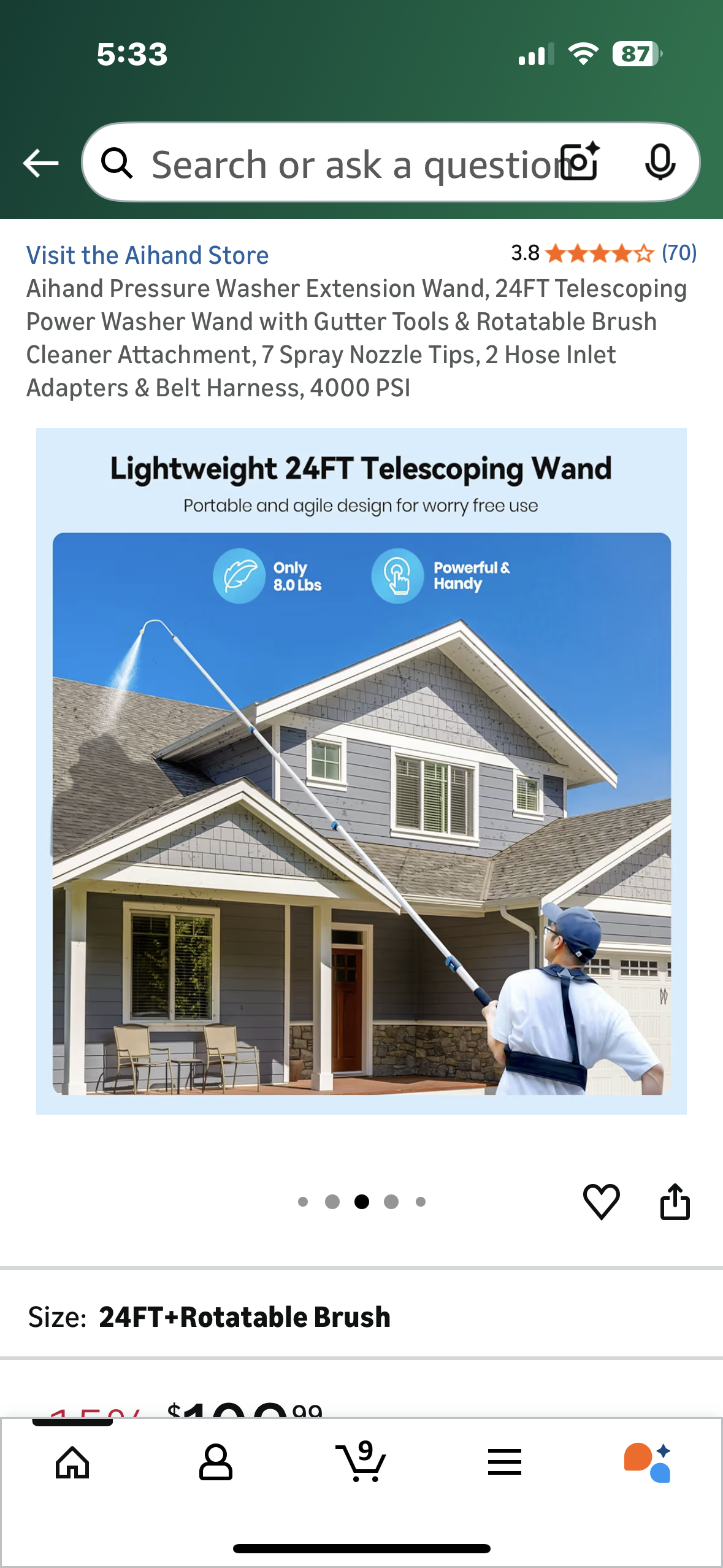 Aihand Pressure Washer Extension Wand, 24FT Telescoping Power Washer Wand with Gutter Tools & Rotatable Brush Cleaner Attachment, 7 Spray Nozzle Tips, 2 Hose Inlet Adapters & Belt Harness, 4000 PSI (G919)